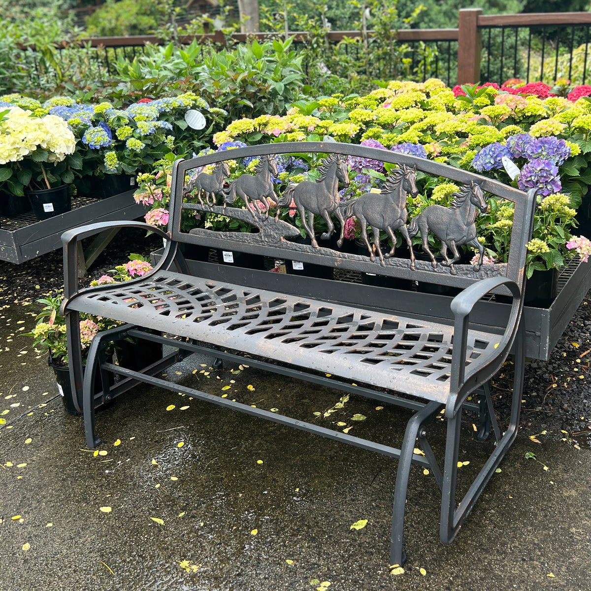 Cast Iron Glider Bench Running Horses Warran Glen Garden Centre & Cafe