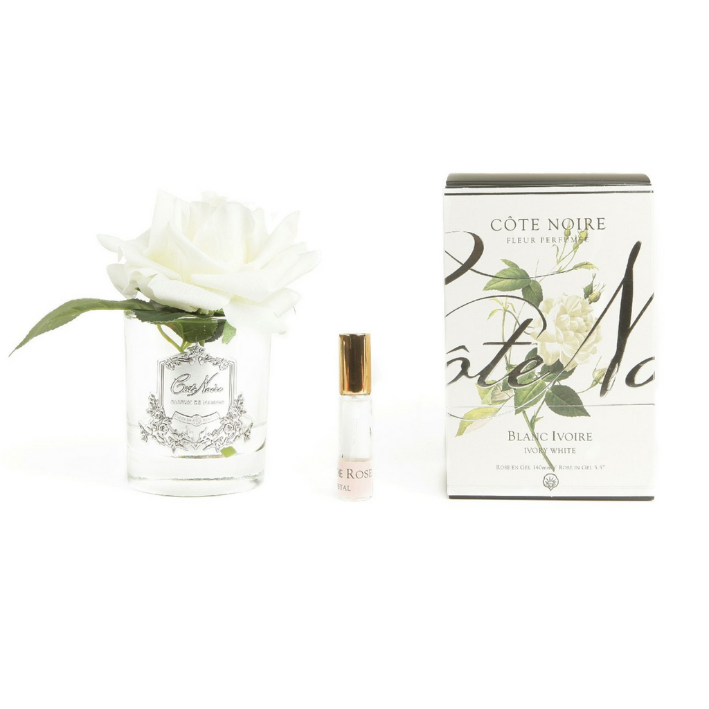 Single Rose Ivory White - Clear Glass With Silver Badge