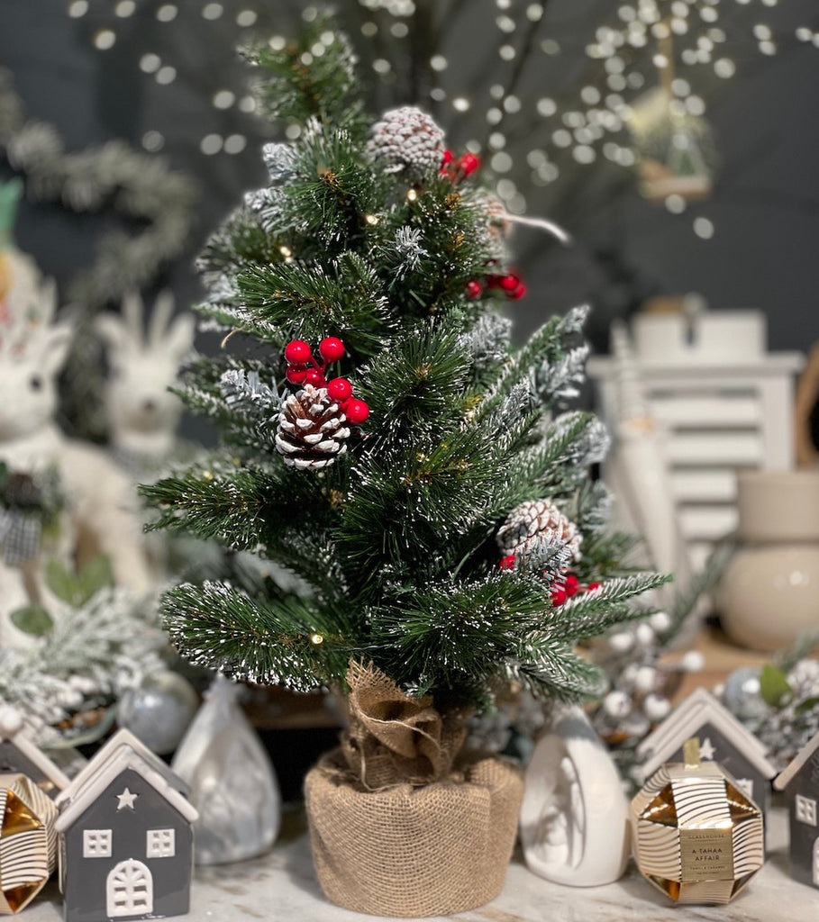 30 LED Pine Tree With Snow In Burlap Pot - 60cm