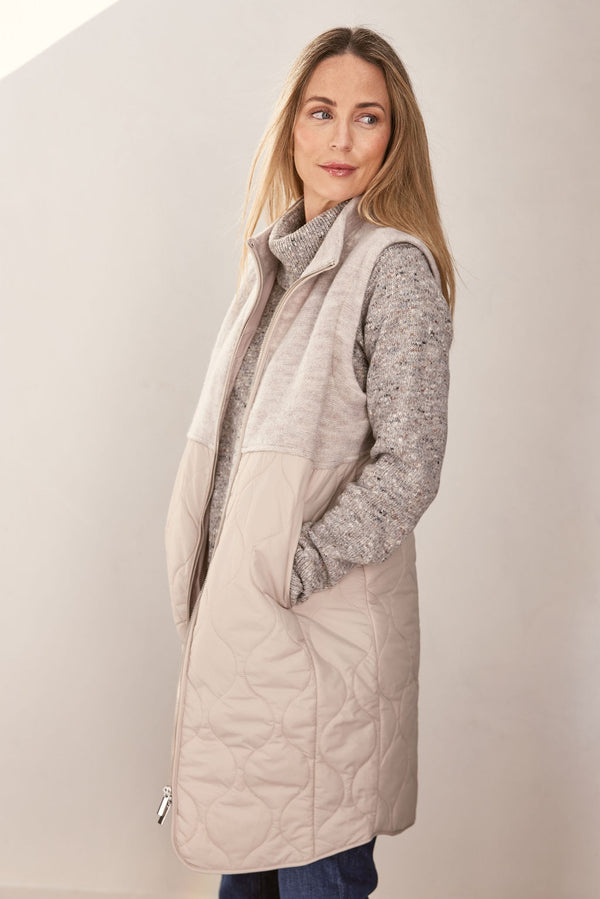 Wool Long Line Quilted Vest - Natural