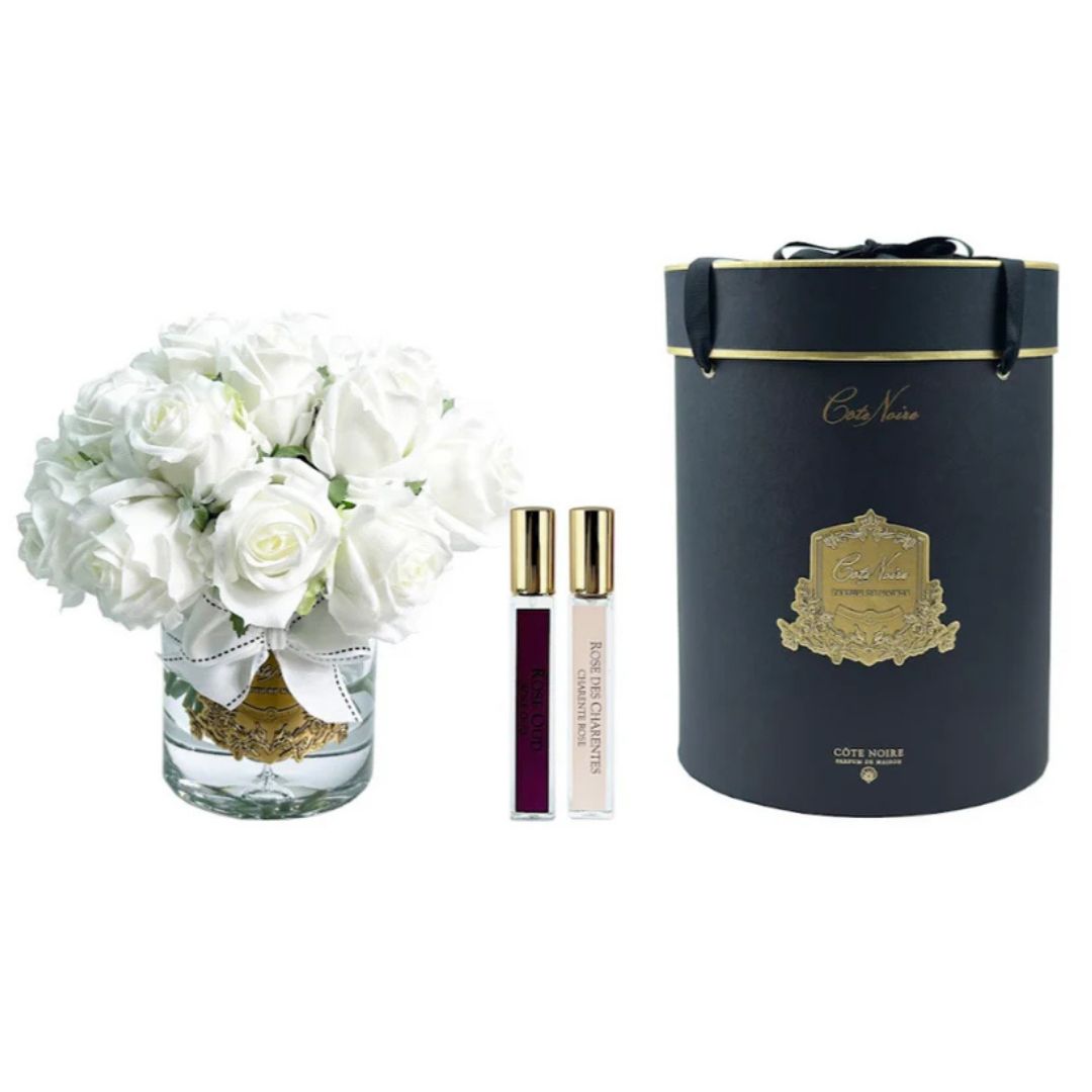 Grand Bouquet White In Black Box - Clear Glass With Gold Badge