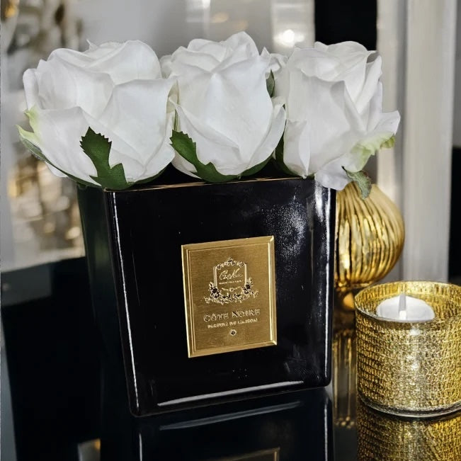 9 Rose Buds Ivory - Black Vase