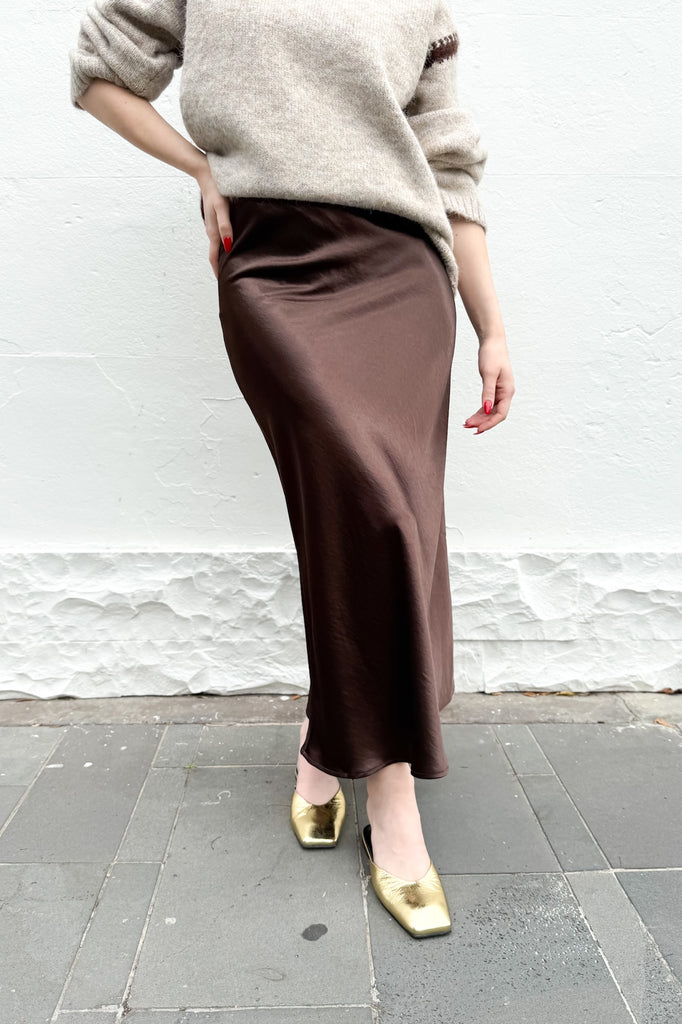 Satin Midi Skirt - Chocolate