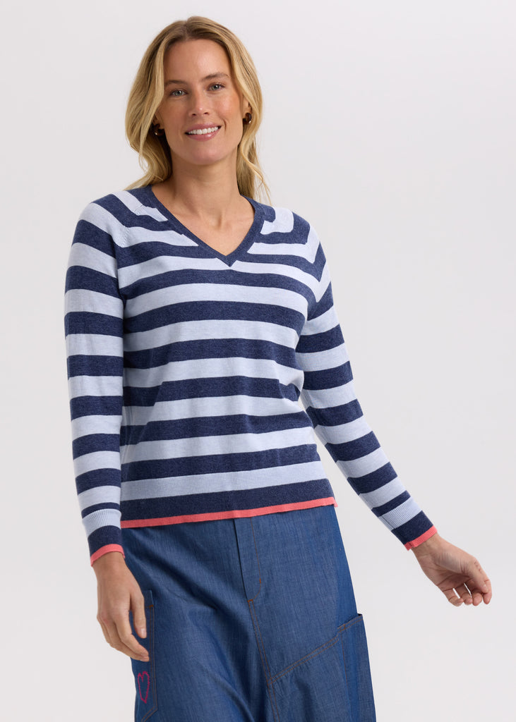 Essential Stripe V Neck - Denim