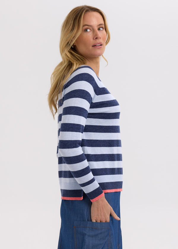Essential Stripe V Neck - Denim
