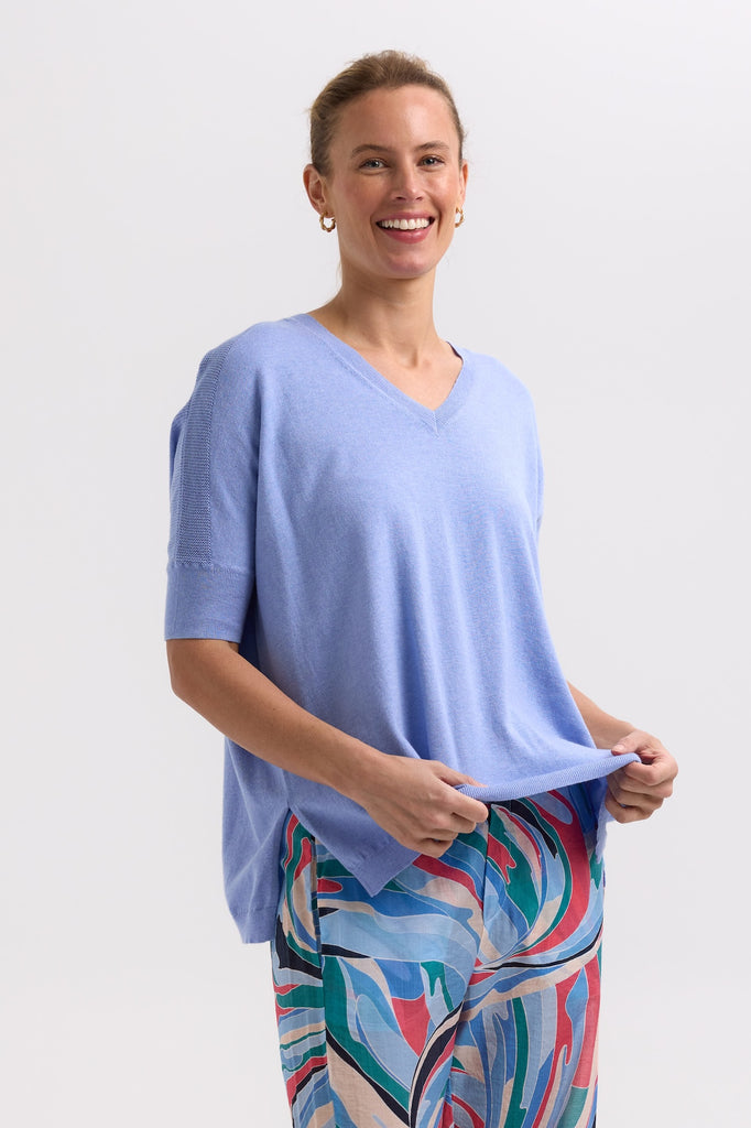 Pointelle Shoulder Top - Blueberry