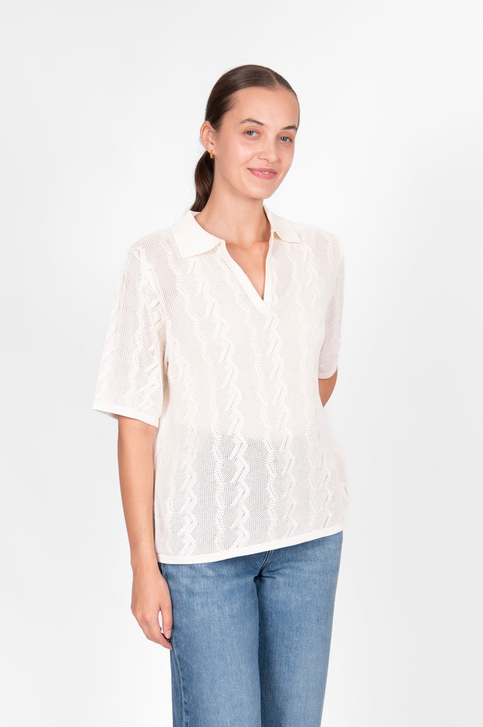 Zig Zag Pointelle Polo - Cream