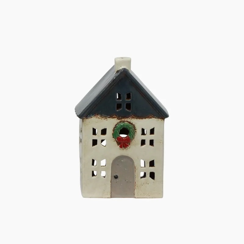 Chistmas Tea Light House Blue With Wreath Small