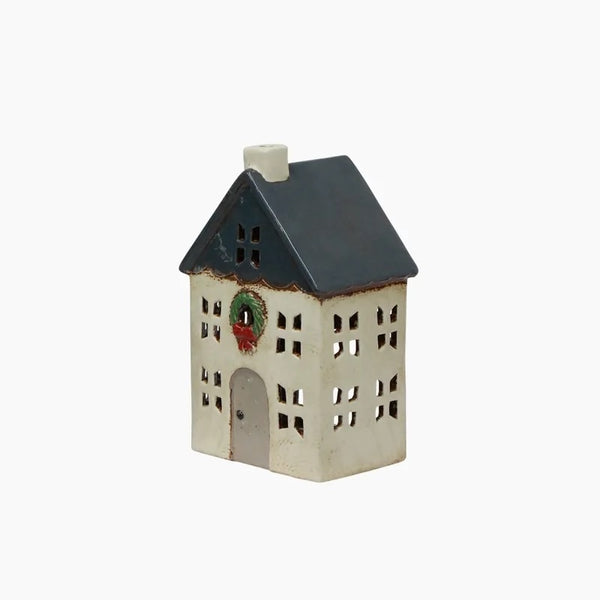 Chistmas Tea Light House Blue With Wreath Small
