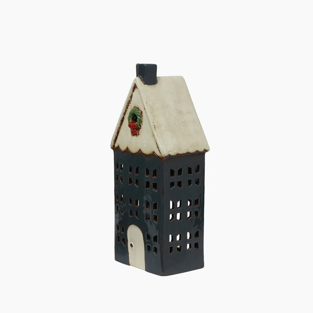 Christmas Tea Light House Blue With Wreath Large