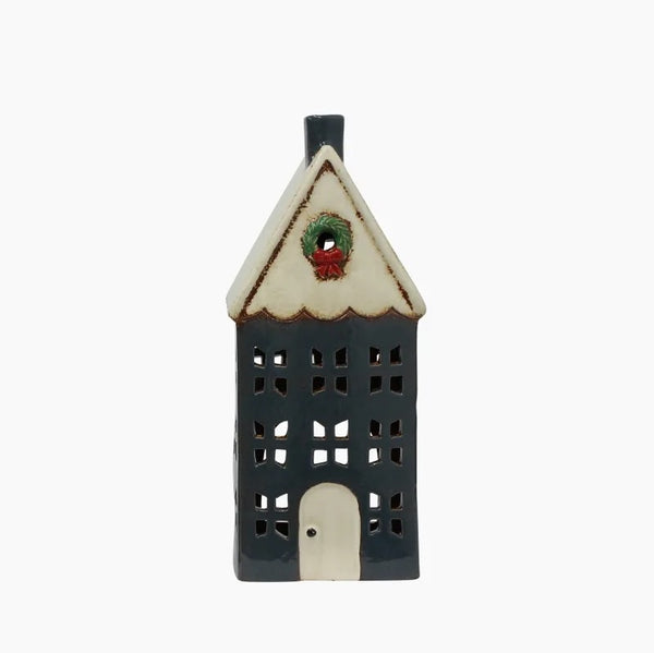 Christmas Tea Light House Blue With Wreath Large
