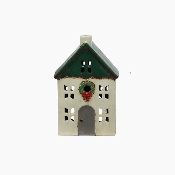Christmas Tea Light House Green With Wreath Small