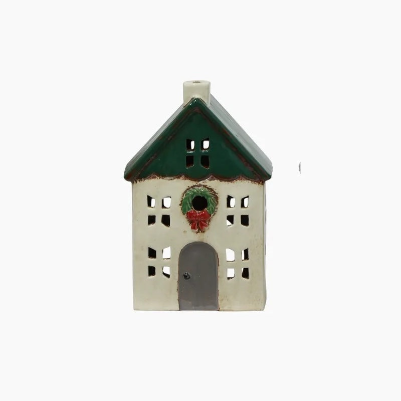 Christmas Tea Light House Green With Wreath Small