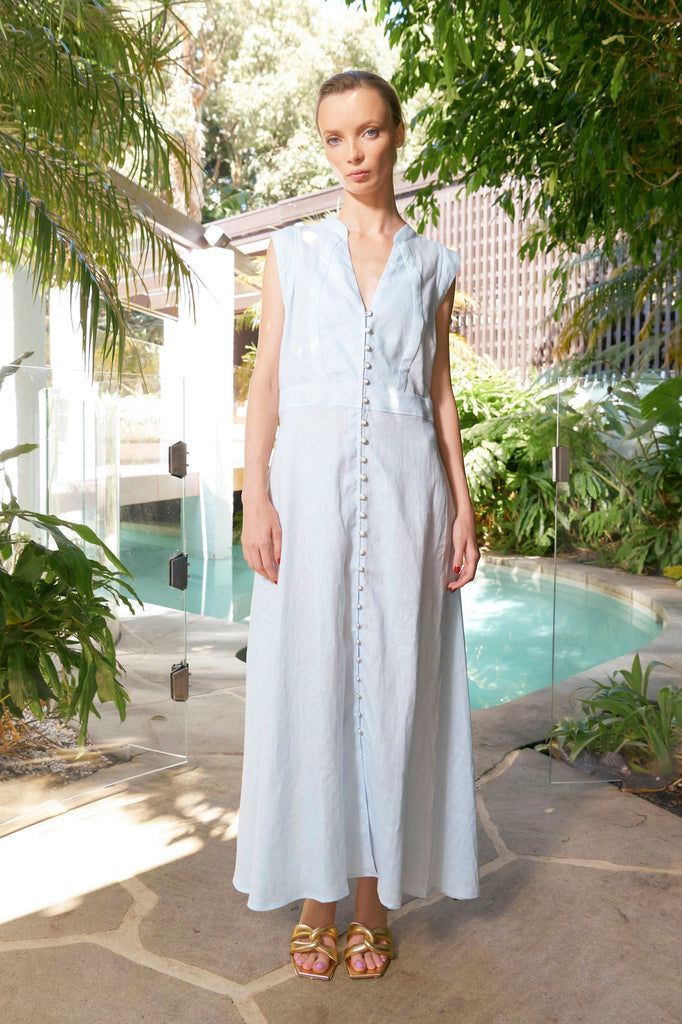 Summer Linen Maxi Dress - Sky
