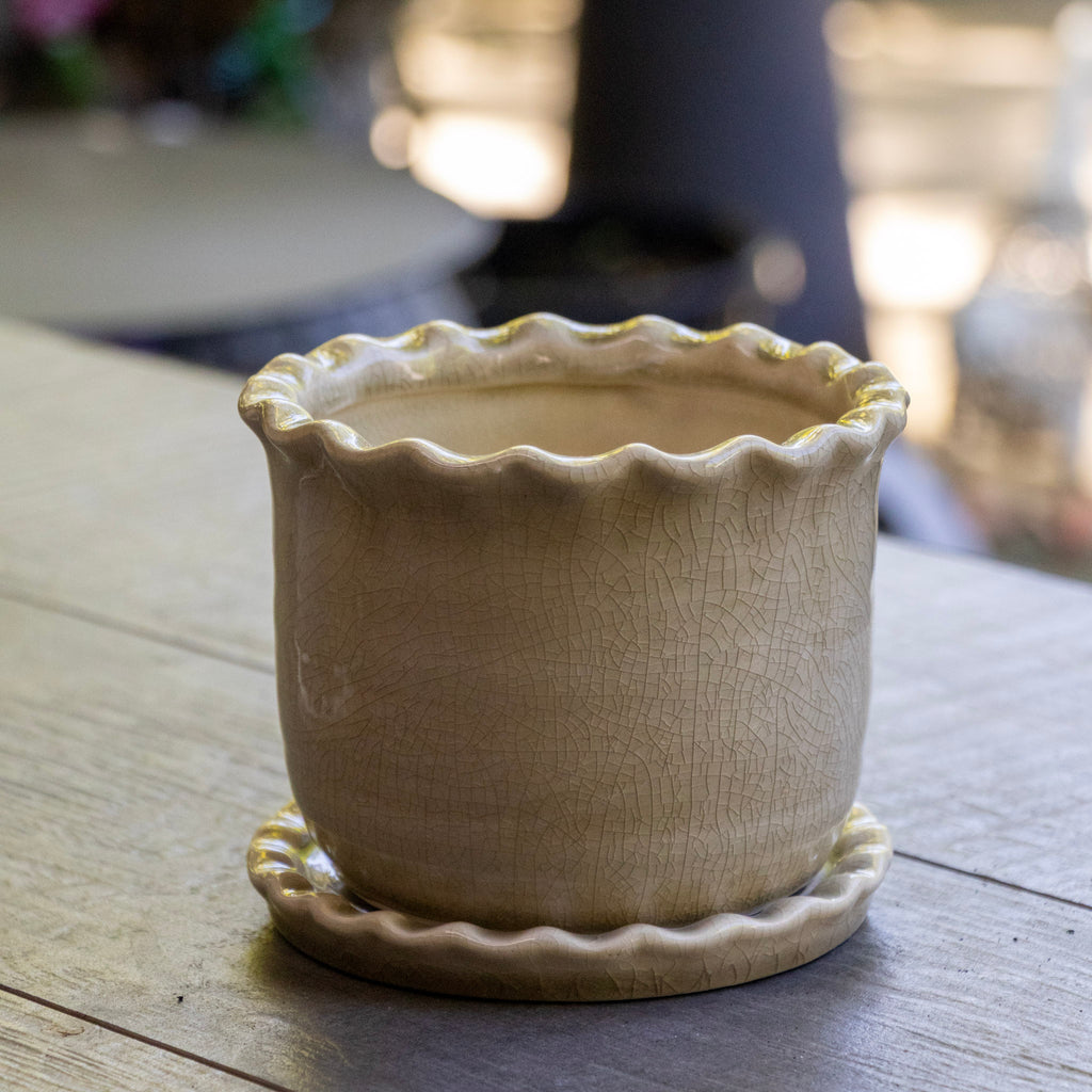 Zaragoza Ceramic Pot With Saucer Taupe - 14x12cm