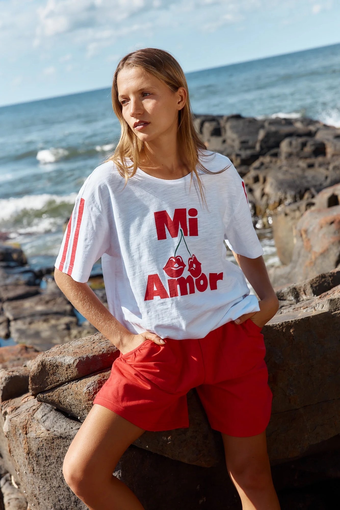 Relax Boxy Tee - White Cherry Print