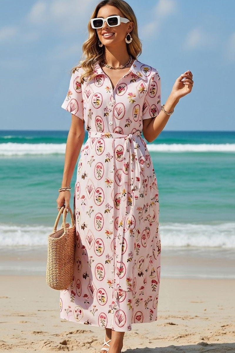 Floral Tile Shirt Dress - Pink