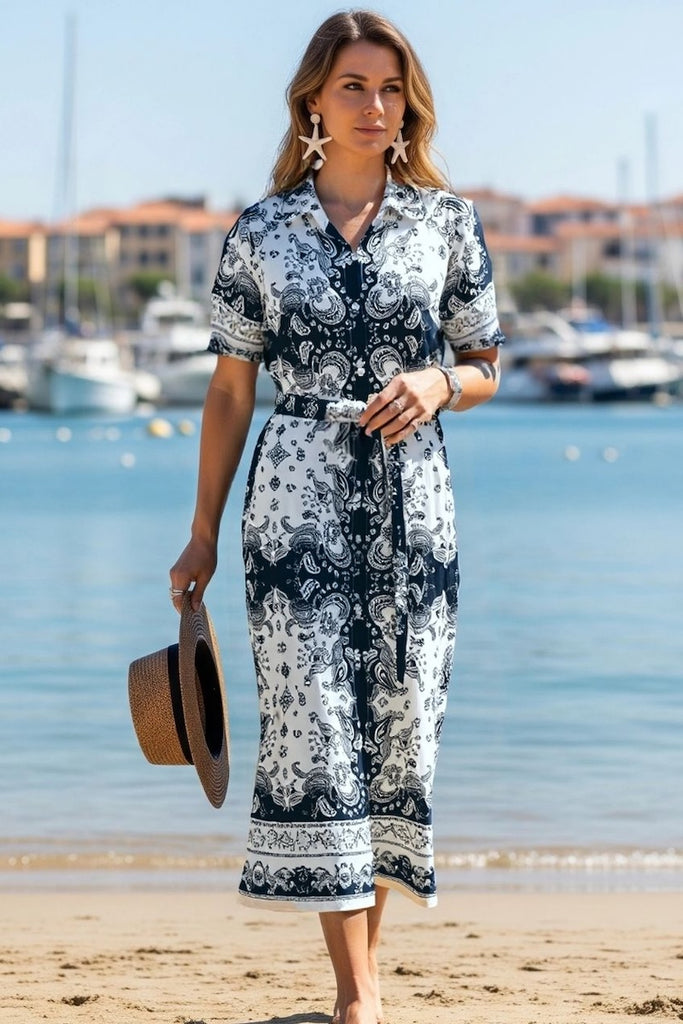 Paisley Shirt Dress - Navy