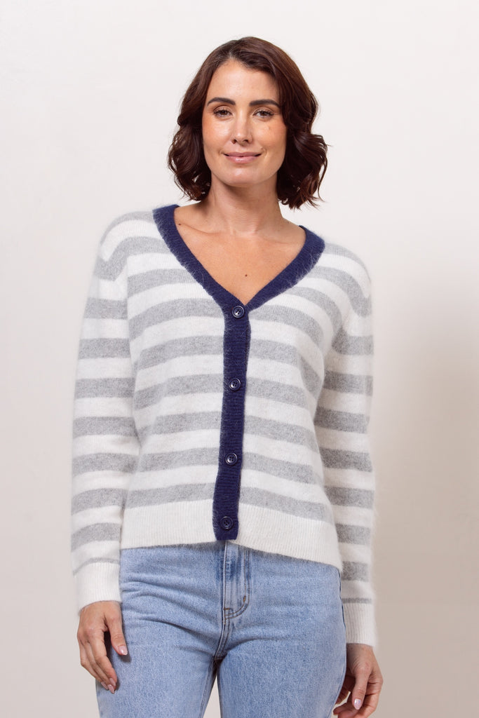 Angora Stripe Cardigan - Silver/Navy