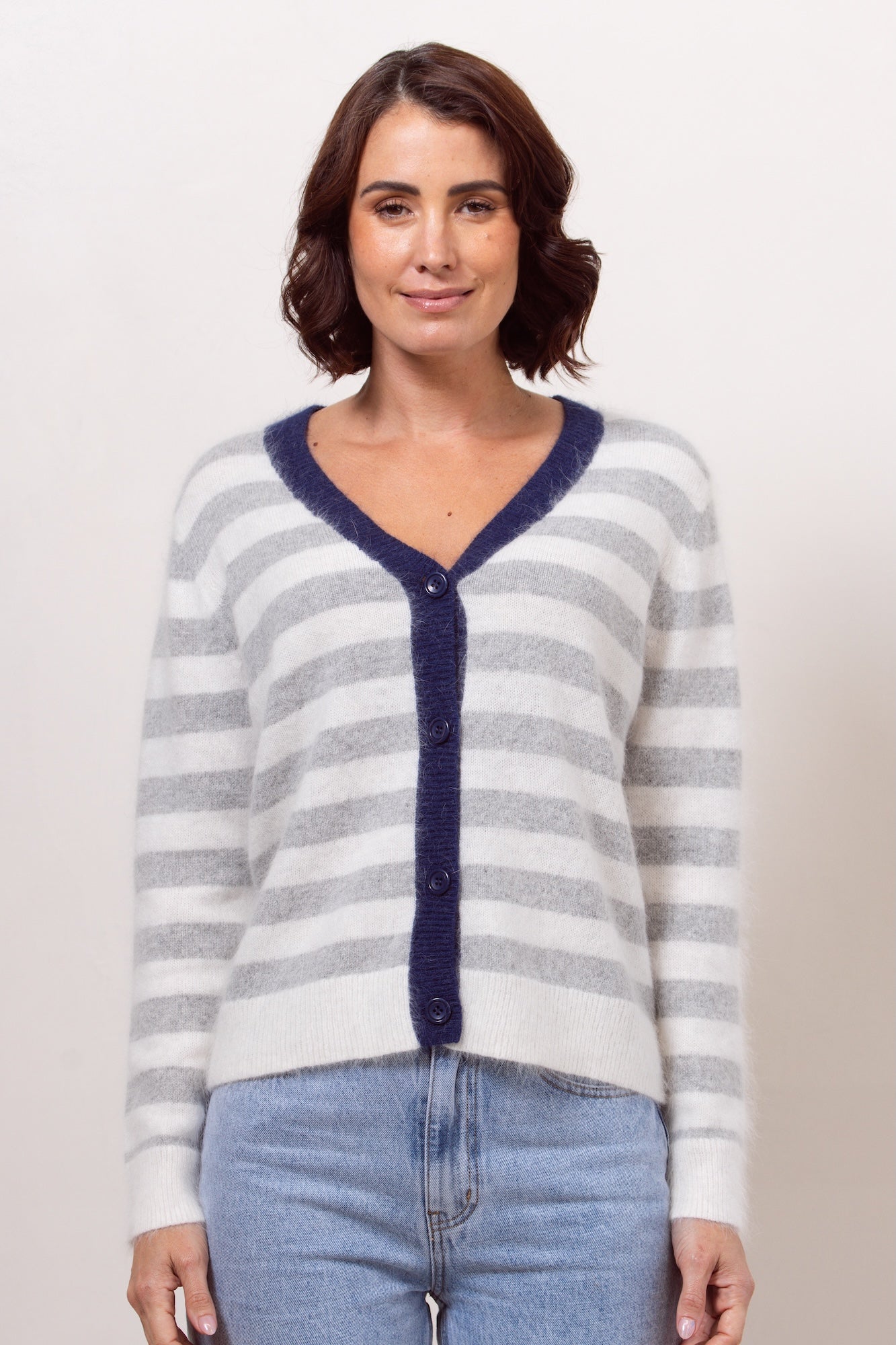 Angora Stripe Cardigan - Silver/Navy