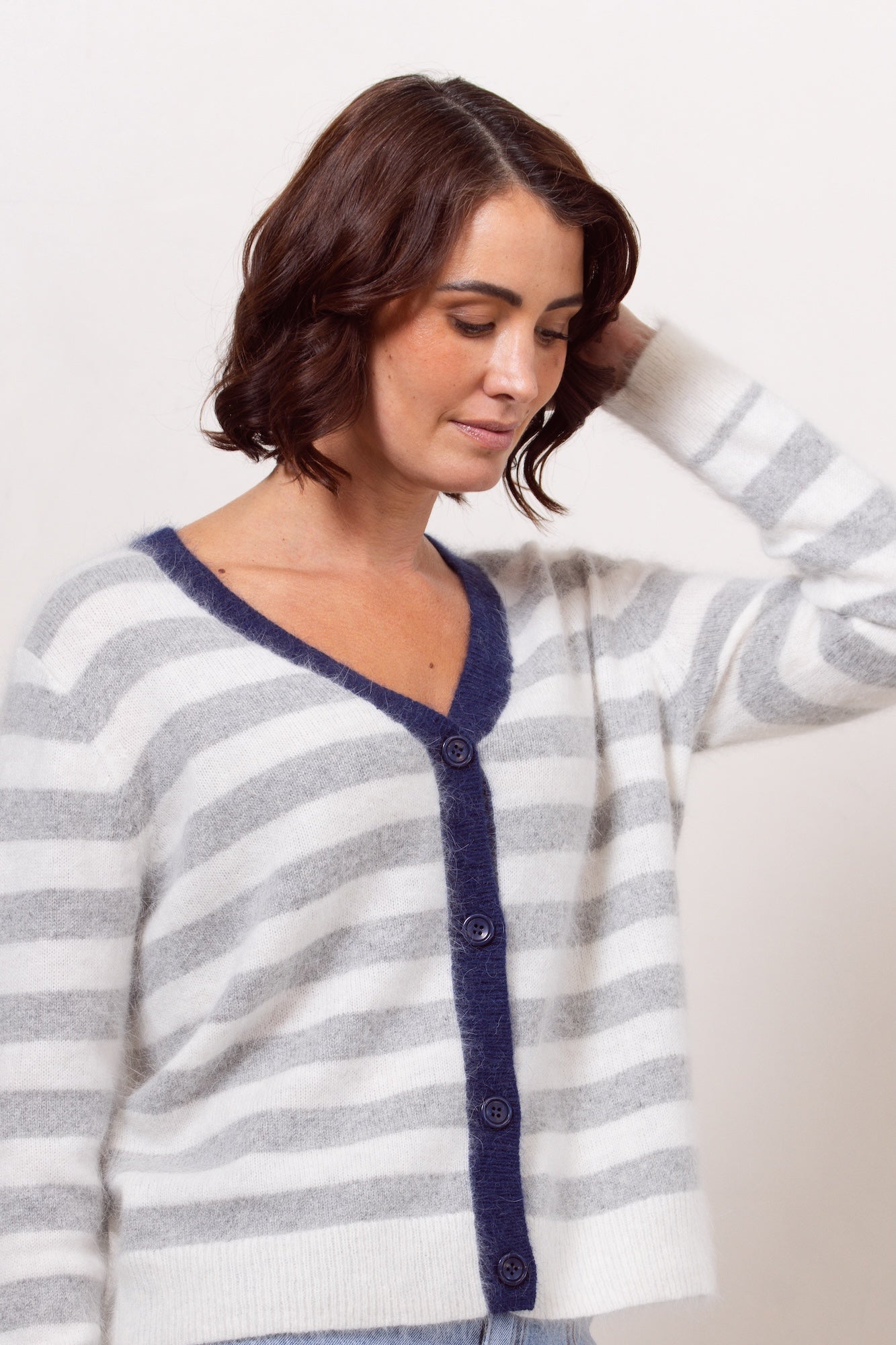 Angora Stripe Cardigan - Silver/Navy