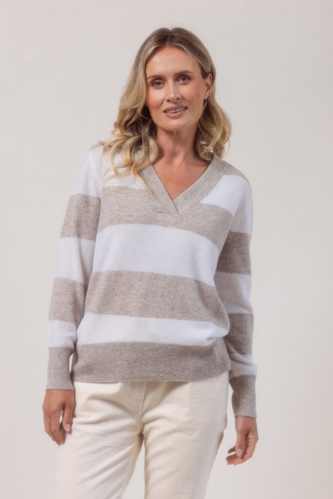 Merino V Neck Block Stripe Sweater - Wheat/White