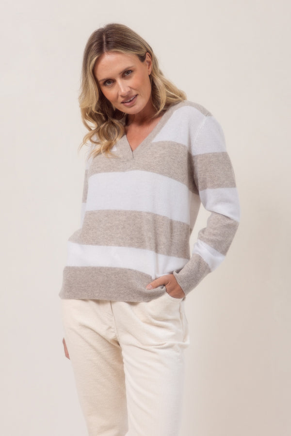 Merino V Neck Block Stripe Sweater - Wheat/White