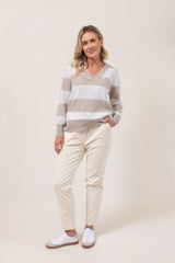 Merino V Neck Block Stripe Sweater - Wheat/White