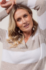Merino V Neck Block Stripe Sweater - Wheat/White
