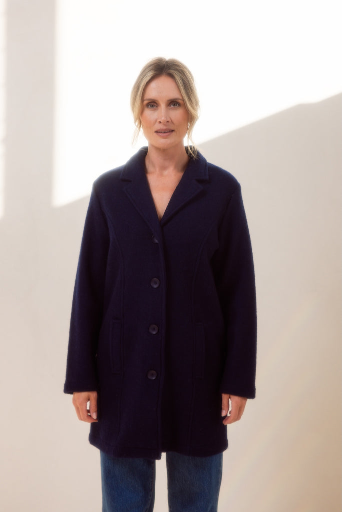 Wool Collared Button Through Coat - Navy