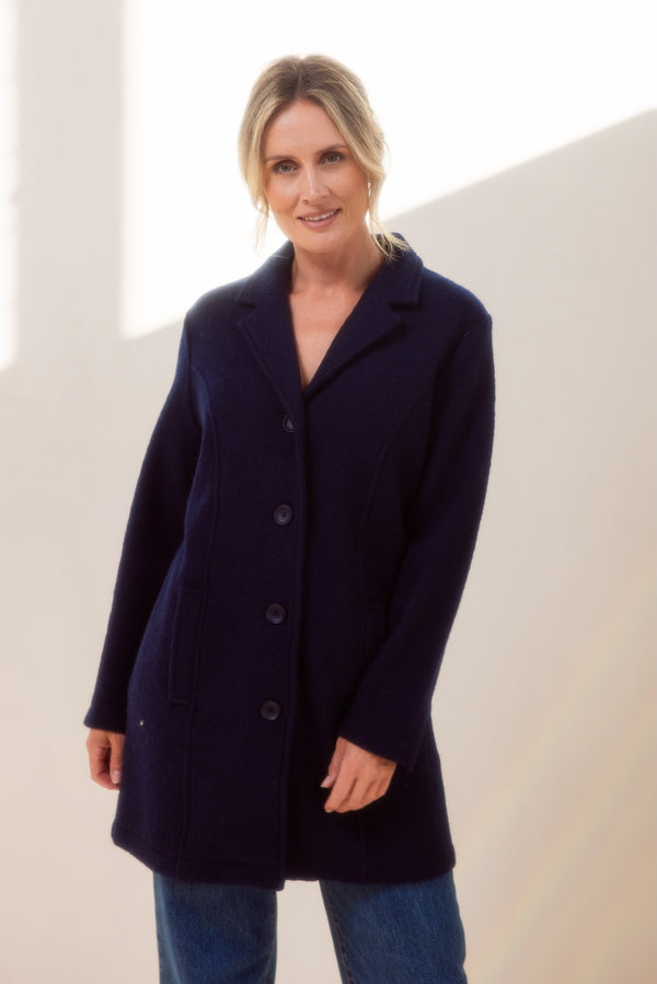 Wool Collared Button Through Coat - Navy