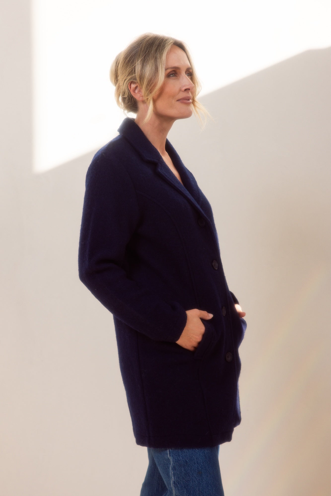 Wool Collared Button Through Coat - Navy