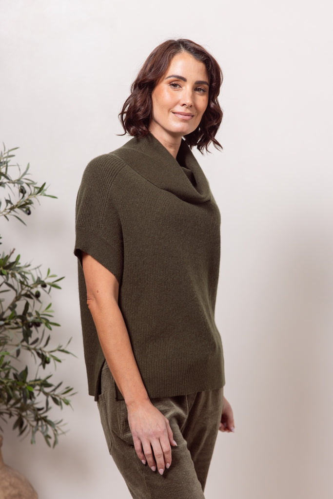 Wool Cowl Neck Top - Khaki