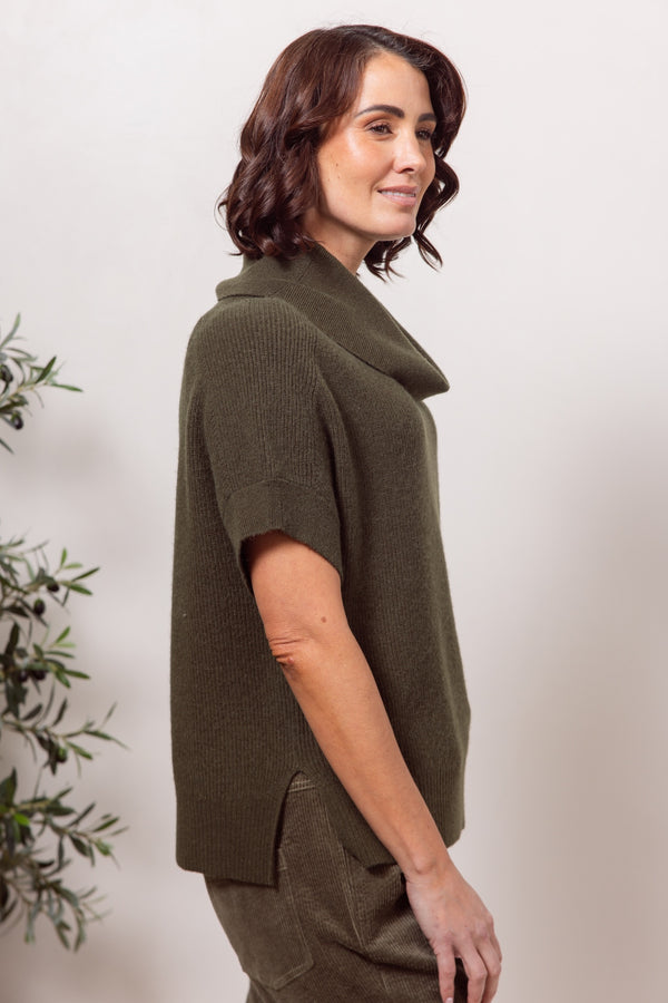 Wool Cowl Neck Top - Khaki