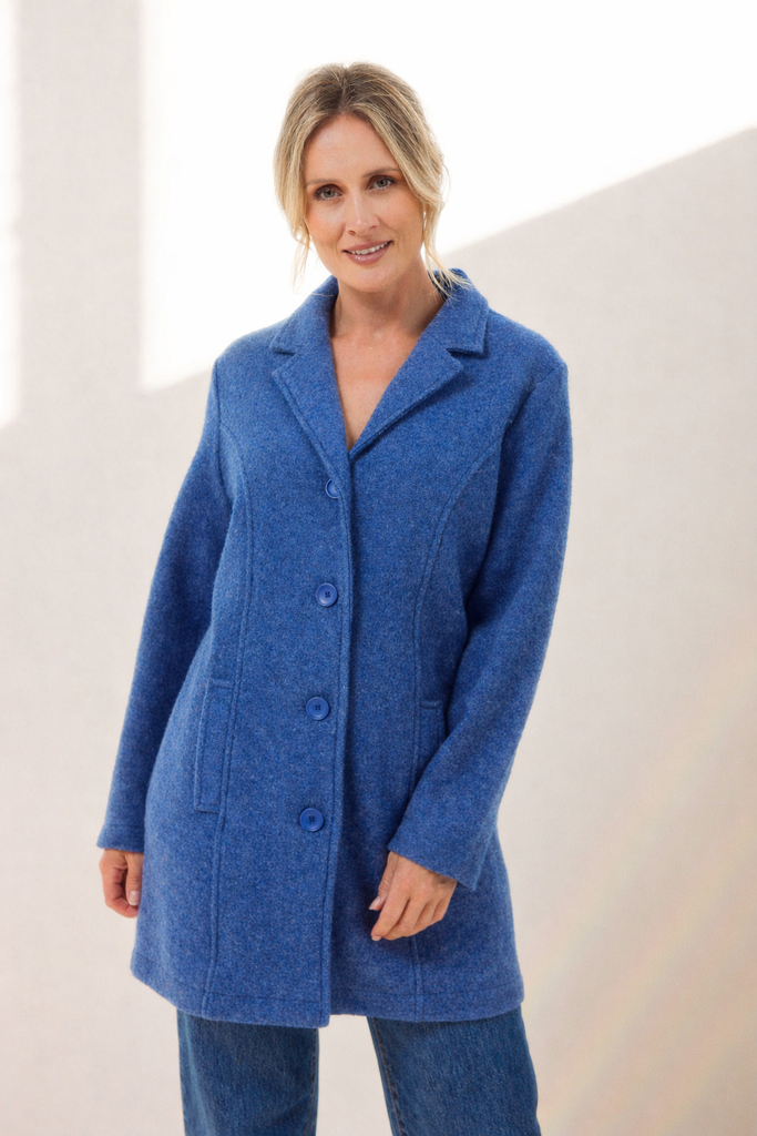 Wool Collared Button Through Coat - Denim