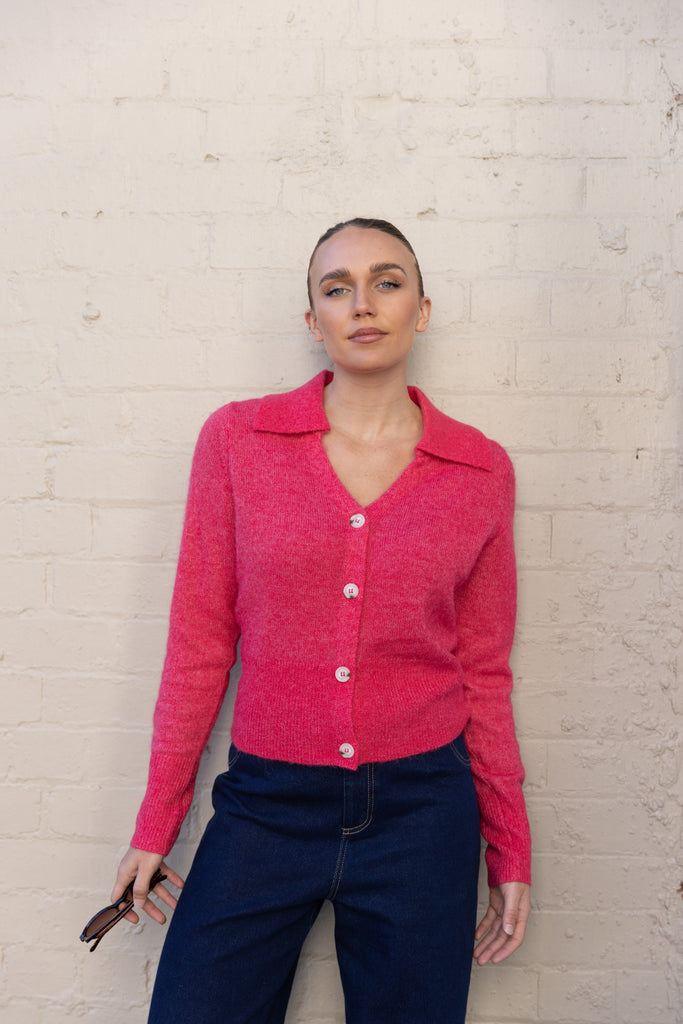 Polo Fluffy Knit Cardigan - Raspberry