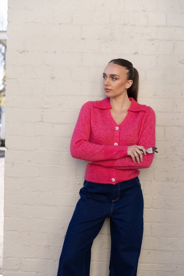 Polo Fluffy Knit Cardigan - Raspberry