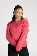 Off Shoulder Fluffy Knit - Raspberry