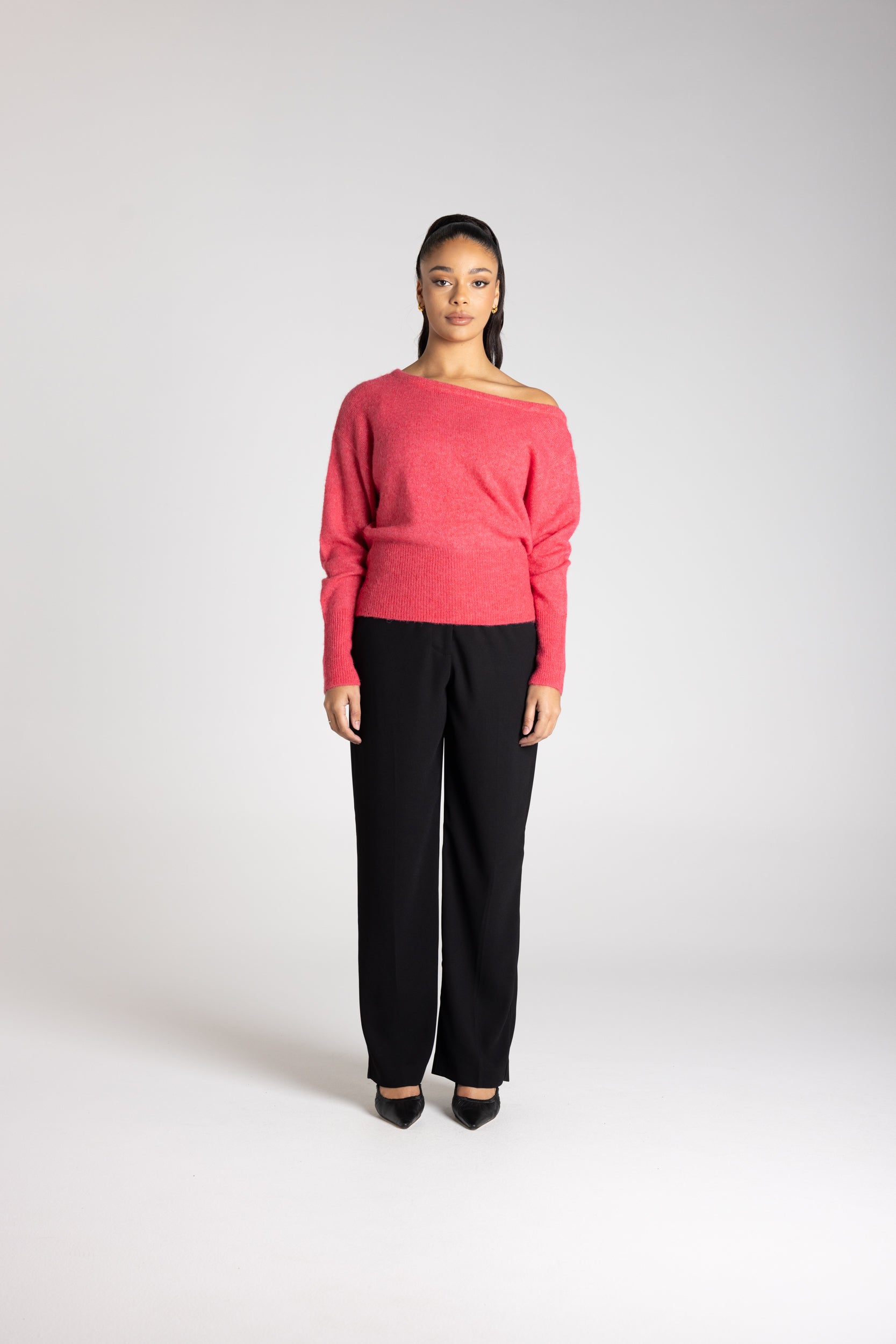 Off Shoulder Fluffy Knit - Raspberry