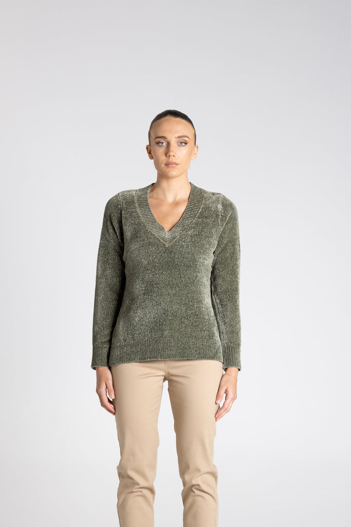 Chenille Knit V Neck - Khaki