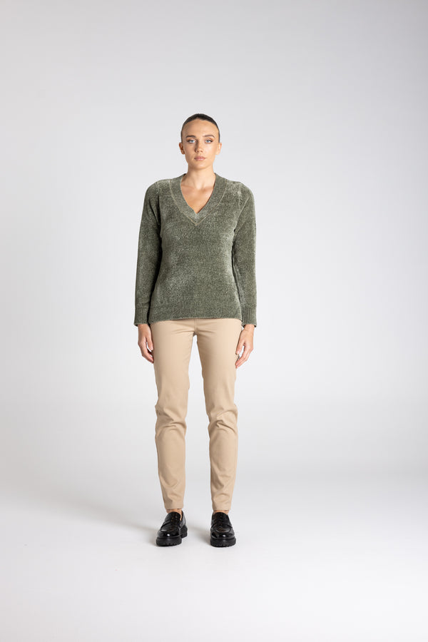 Chenille Knit V Neck - Khaki