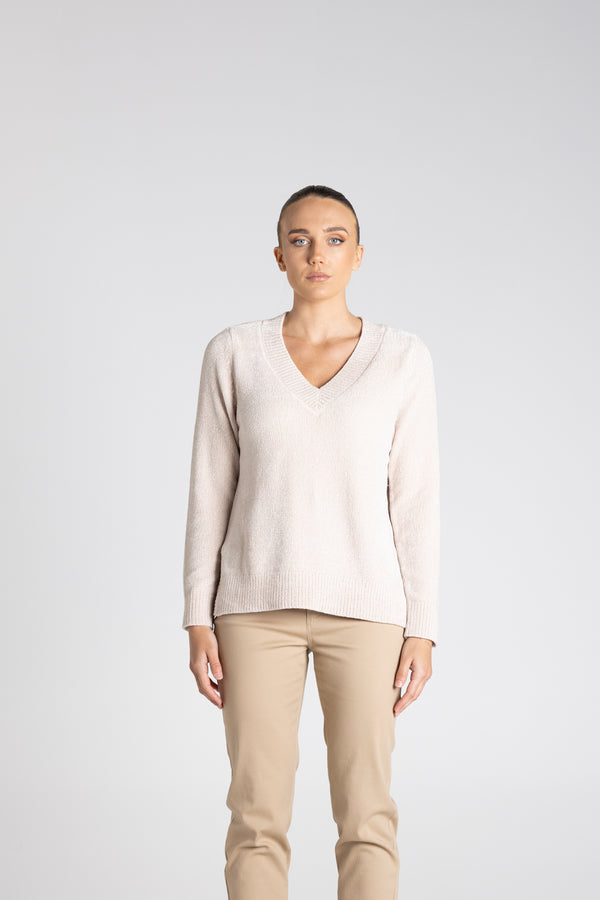 Chenille Knit V Neck - Oat