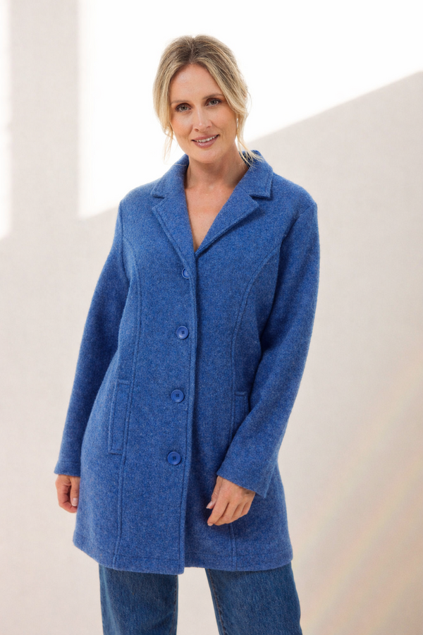 Wool Collared Button Through Coat - Denim