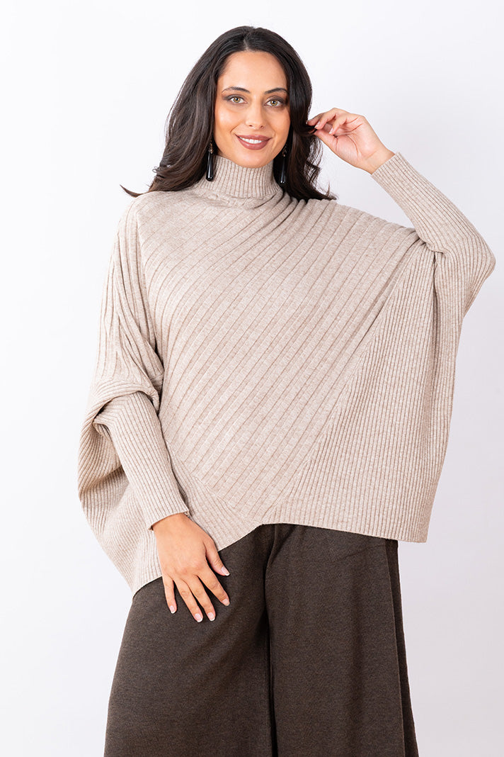 Cotton Ribbed Poncho One Size - Natural