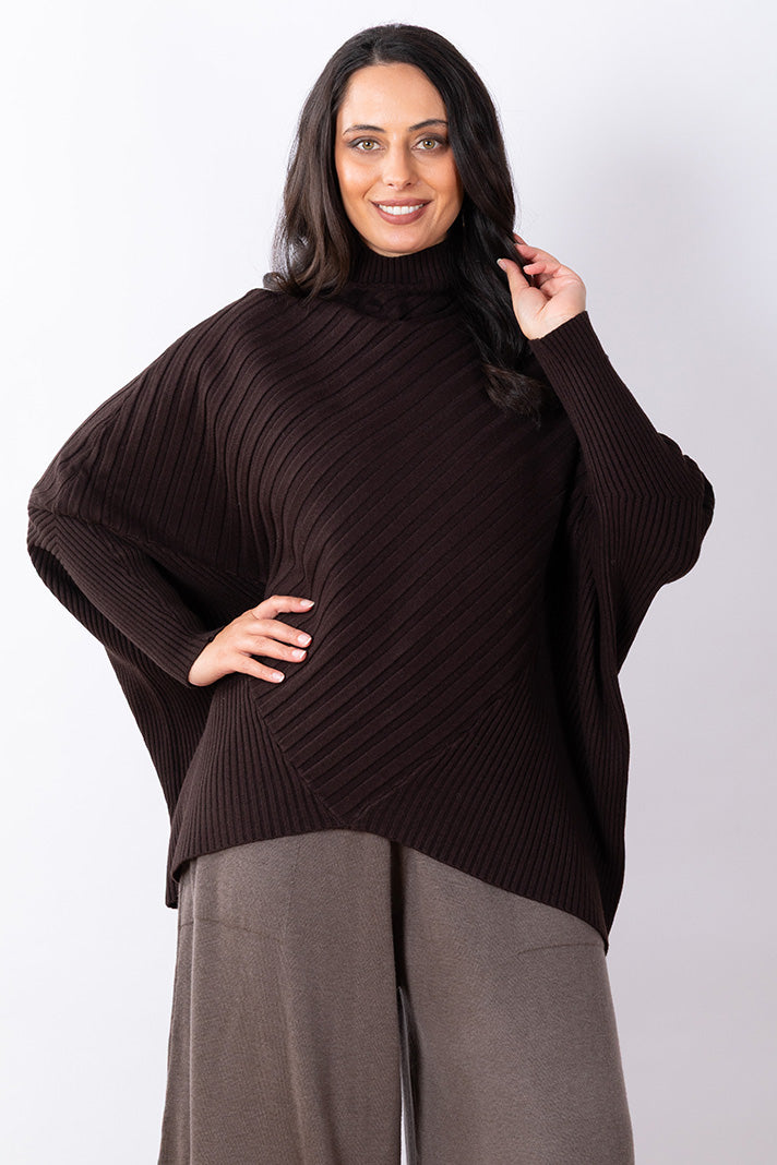 Cotton Ribbed Poncho One Size - Chocolate