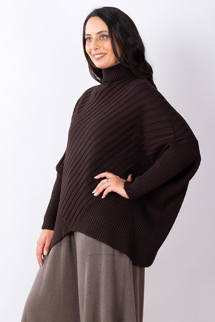 Cotton Ribbed Poncho One Size - Chocolate