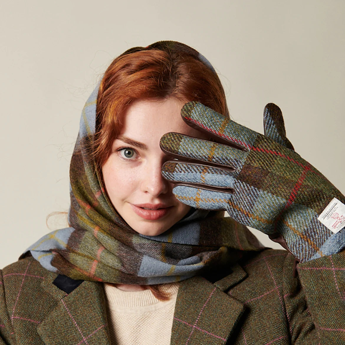 Ladies Gloves - Chestnut & Blue Tartan M