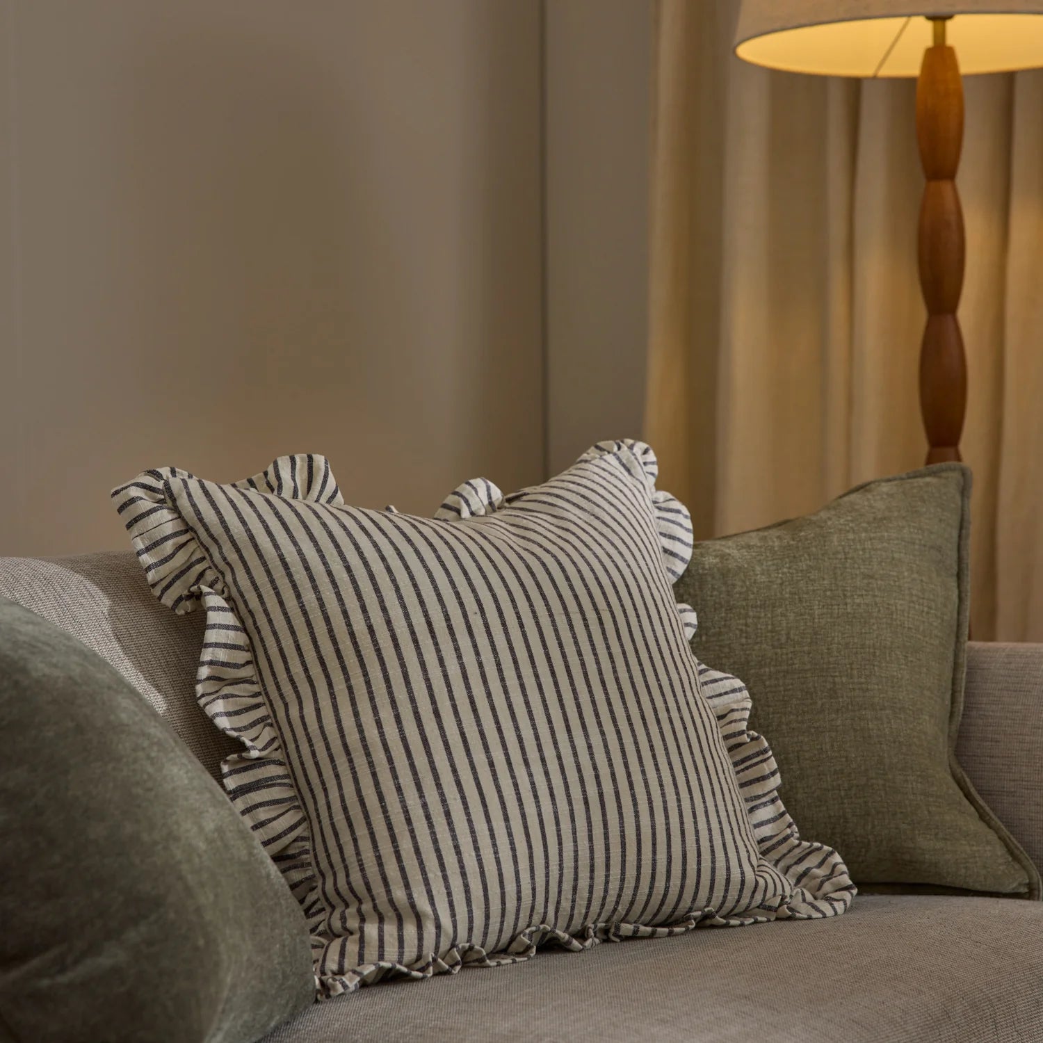 Ruffles Cushion 50cm - Black/Natural Stripe