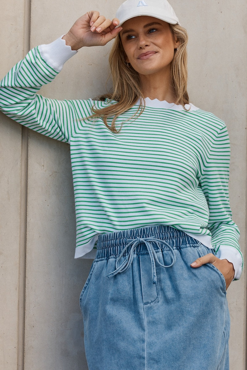 Scallop Knit Sweater - Green Stripe