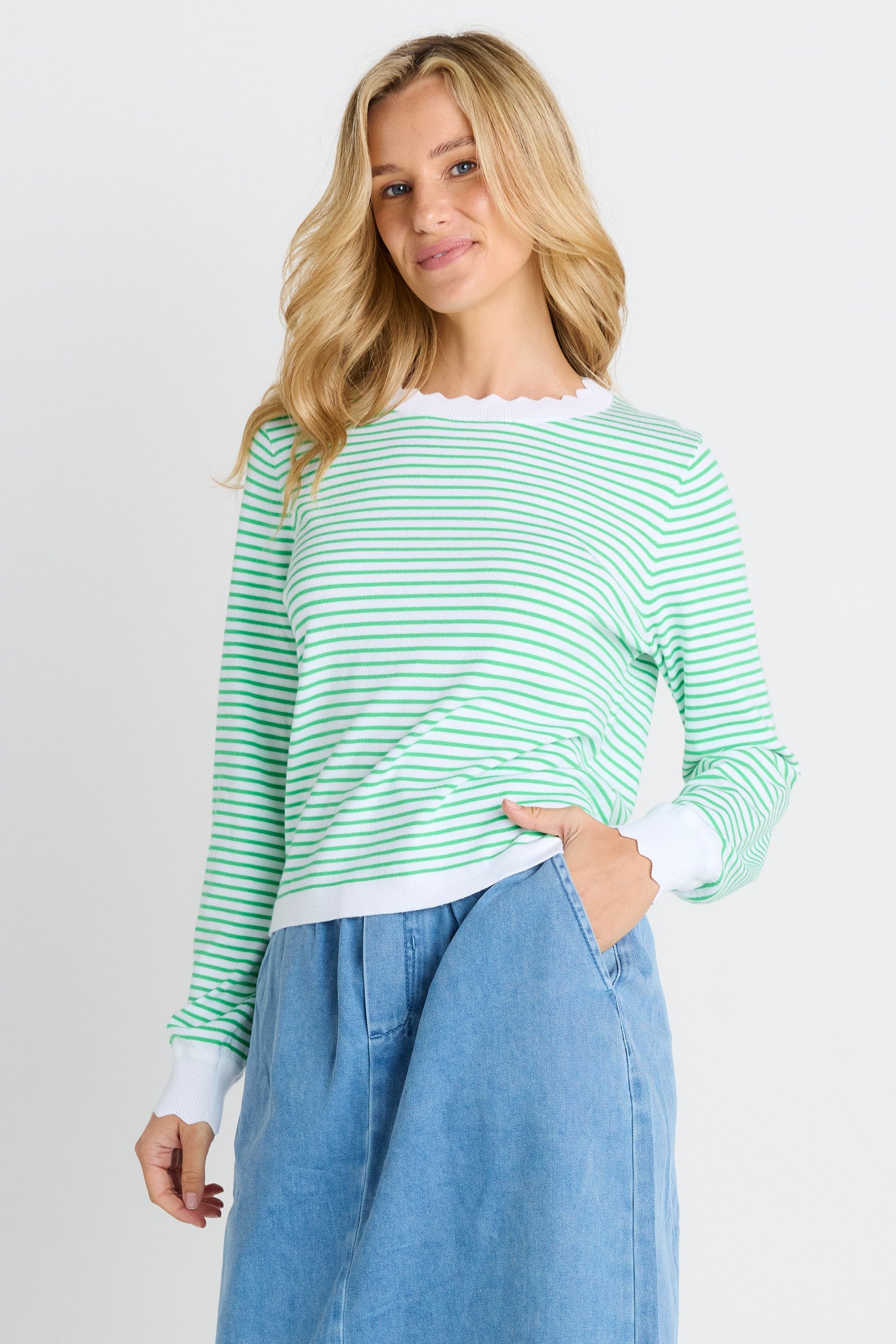 Scallop Knit Sweater - Green Stripe